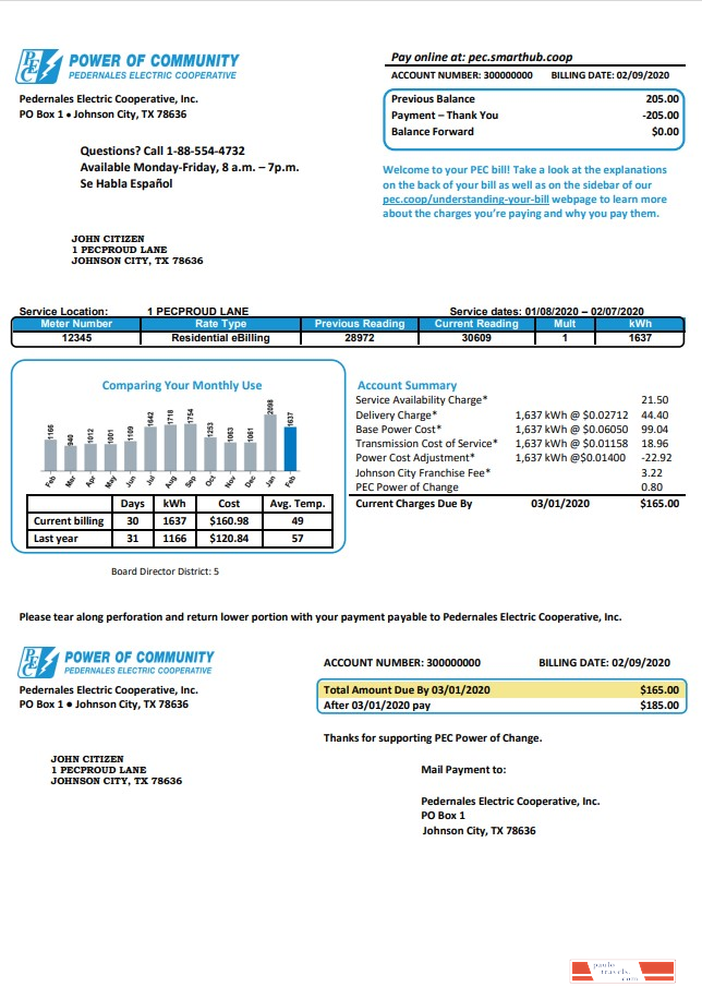USA Texas Power of Community electricity utility bill in Word and PDF format, good for address prove
